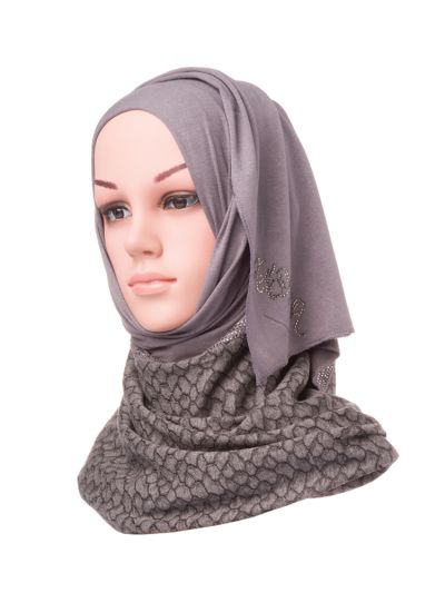 Jersey Crystal Centre Border Hijab (Charcoal Grey)