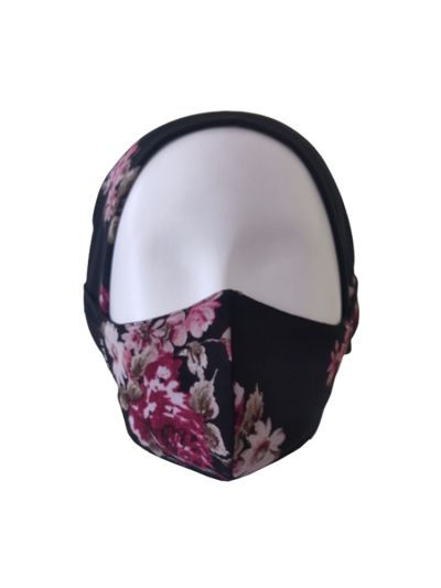 Black Floral Printed Crepe Underscarf Cap With Face Mask