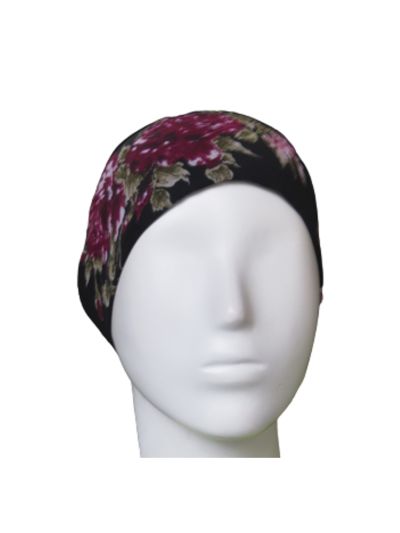 Black Floral Printed Underscarf Cap