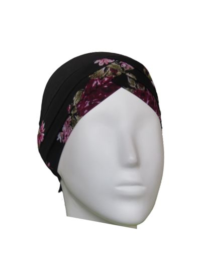 Black Floral Printed Underscarf Turban Cap