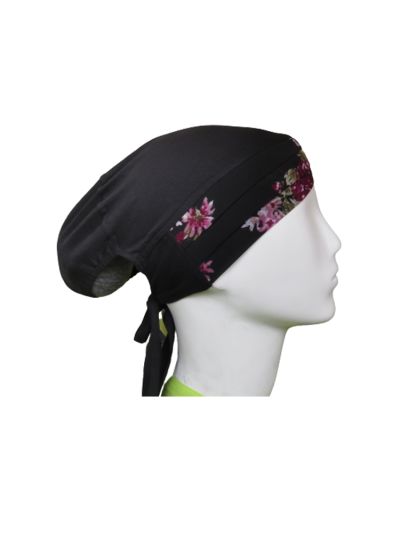 Black Floral Printed Underscarf Turban Cap