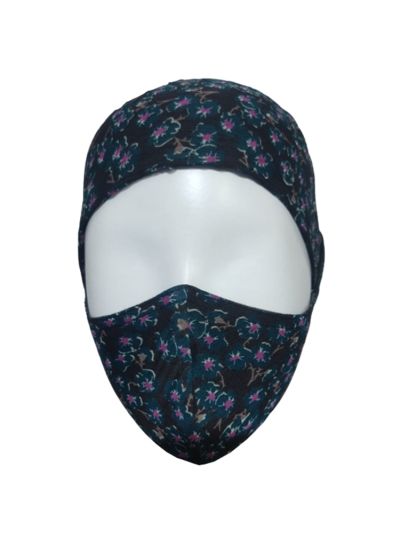 Green Pink Flower Print Chiffon Under scarf + Matching Face Mask 