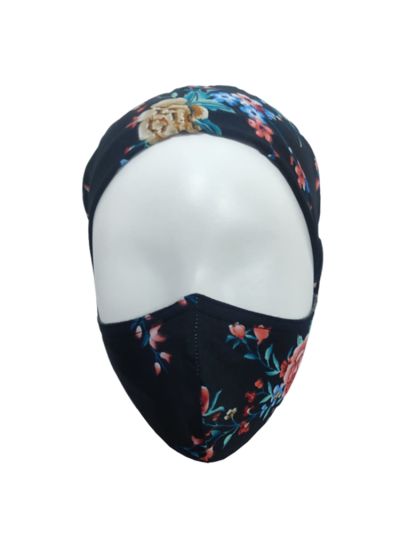 Navy Aqua Printed Under scarf Cap + Matching Mask