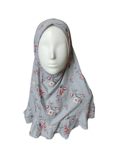 Grey Melange Instant Slip on Jersey Printed Hijab With Side Tabs