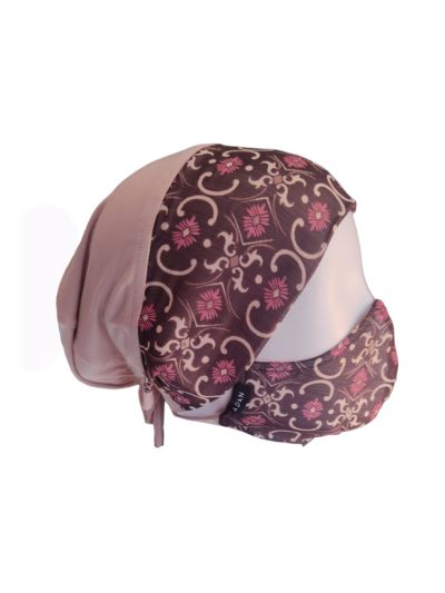Beige Brown Printed Inner Scarf Cap + Matching Face Mask