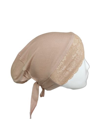 Beige Inner Scarf Cap With Lace Crisscross 