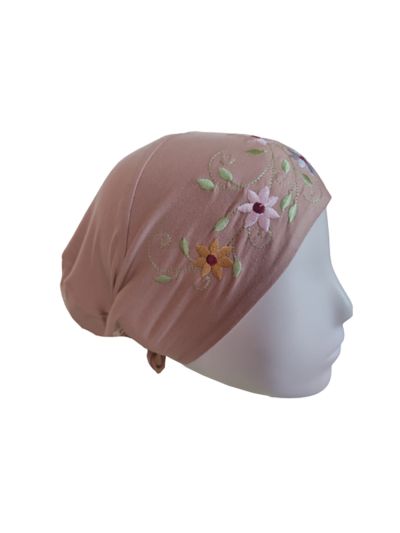 Beige Jersey Scarf Inner Cap With Embroidery & Stones