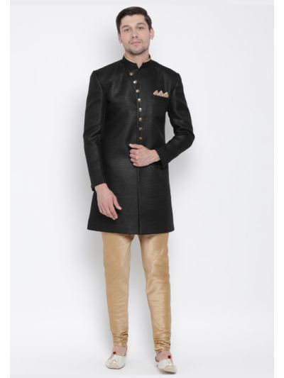 Men Black Cotton Blend Indo Western Sherwani Set