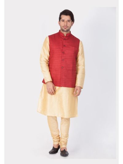 Men Cotton Silk Kurta Modi Jacket and Pyjama Set
