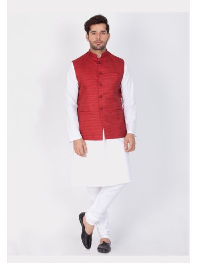 Men Cotton Silk Kurta Modi Jacket and Pyjama Set