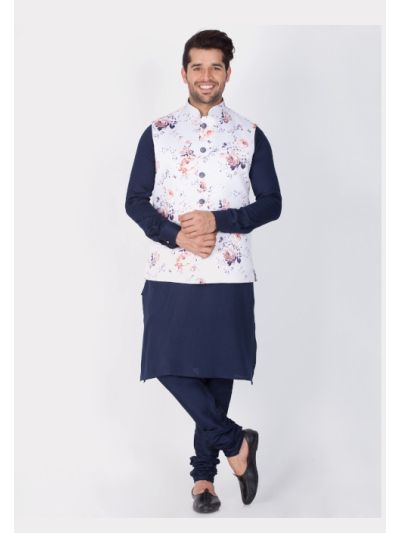 Men Blue Cotton Kurta Modi Jacket and Pyjama Set