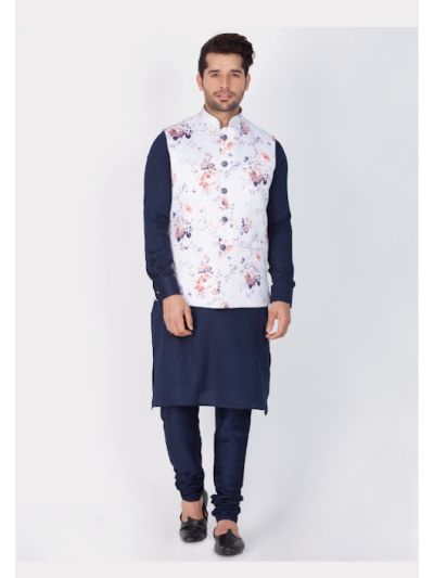 Men Blue Cotton Kurta Modi Jacket and Pyjama Set