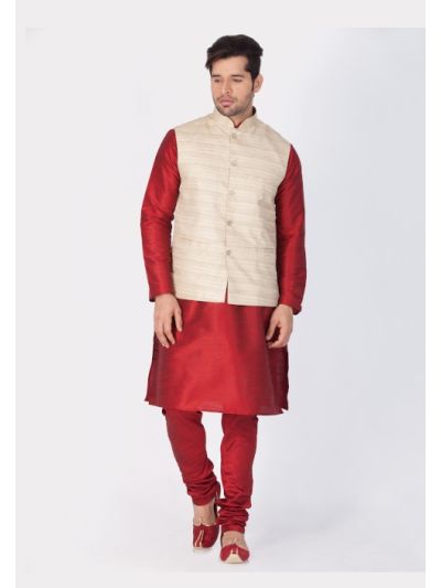 Men Cotton Silk Kurta Modi Jacket and Pyjama Set
