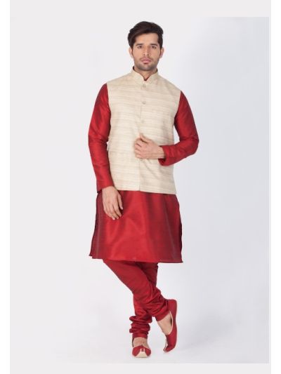 Men Cotton Silk Kurta Modi Jacket and Pyjama Set