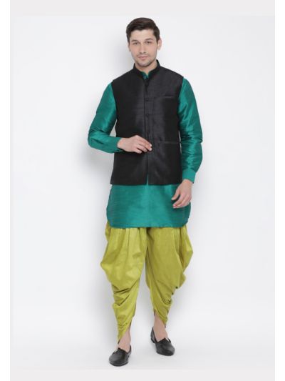 Men Green Cotton Silk Dhoti Kutra & Jacket Set