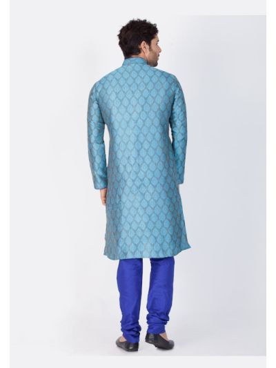Men Light Blue Cotton Silk Kurta and Pyjama Set