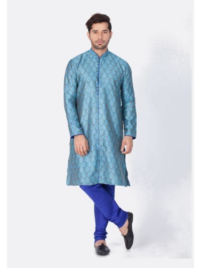 Men Light Blue Cotton Silk Kurta and Pyjama Set