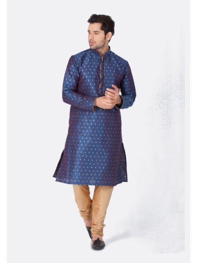 Men Blue Cotton Silk Kurta and Pyjama Set