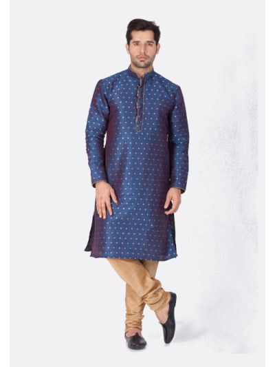 Men Blue Cotton Silk Kurta and Pyjama Set