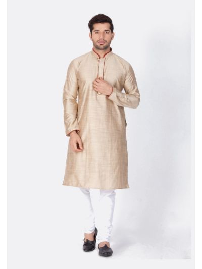 Men Beige Cotton Silk Kurta and Pyjama Set
