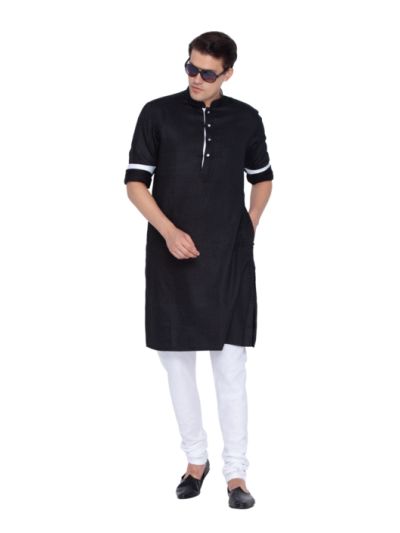 Men Black and White Cotton Kurta and Pyjama Set