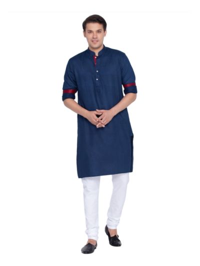Men Navy Blue and Maroon Cotton Kurta and Pyjama Set