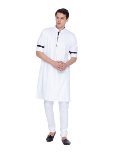 Men White and Black Cotton Kurta and Pyjama Set