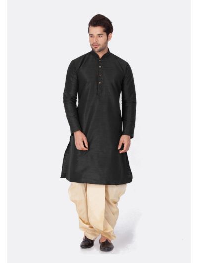 Men Black Cotton Silk Kurta and Dhoti Pant Set