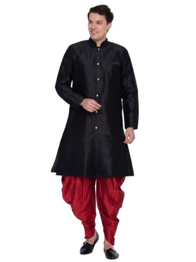 Men Black Silk Blend Sherwani Style Kurta Set