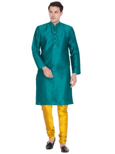 Men Bottle Green and Mustard Cotton Silk Kurta and Pyjama Set