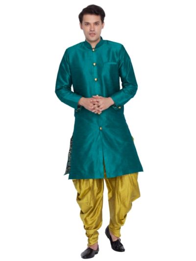 Men Green Silk Blend Sherwani Style Kurta Set