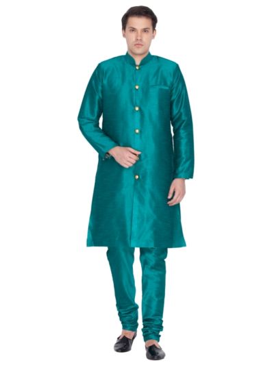 Men Green Silk Blend Sherwani Style Kurta Set