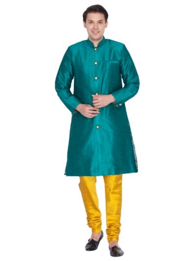 Men Bottle Green & Mustard Silk Blend Sherwani Style Kurta Set