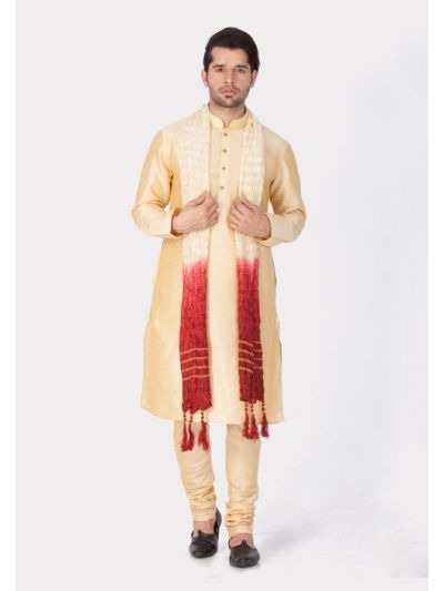 Men Gold Cotton Silk Kurta Pyjama and Dupatta Set
