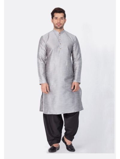 Men Grey Cotton Silk Kurta and Cowl Dhoti Pant Set