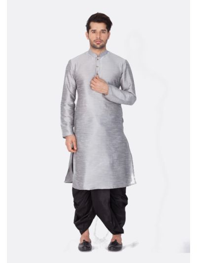 Men Grey Cotton Silk Kurta and Dhoti Pant Set