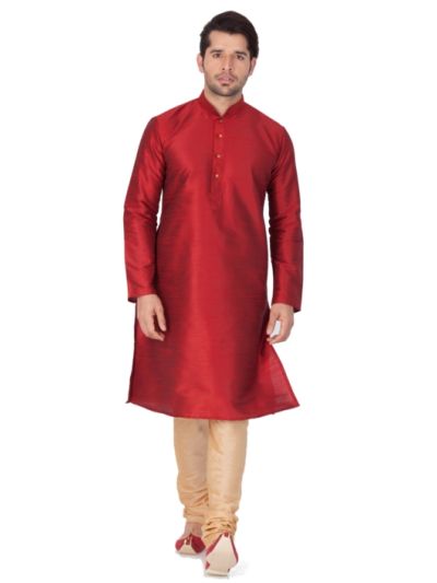 Men Maroon and Rose Gold Cotton Silk Kurta and Pyjama Set