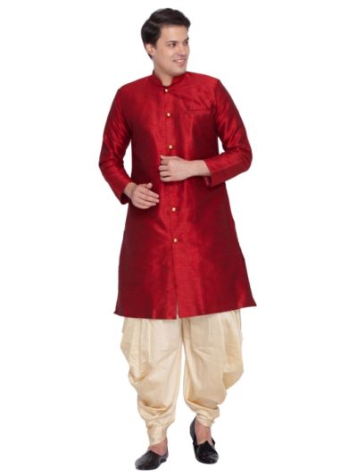 Men Maroon & Gold Silk Blend Sherwani Style Kurta Set