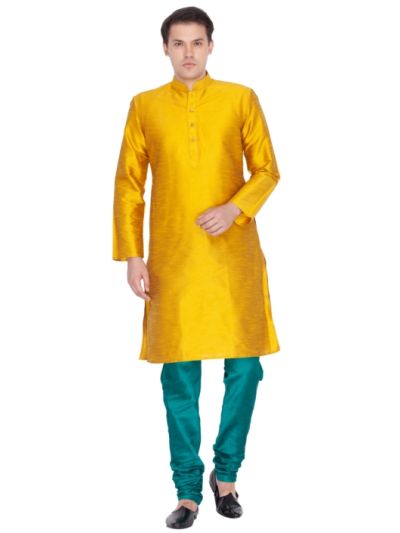 Men Mustard and Bottle Green Cotton Silk Kurta and Pyjama Set