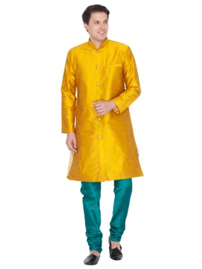 Men Mustard and Bottle Green Silk Blend Sherwani Style Kurta Set