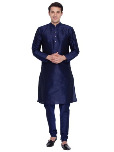Men Navy Blue Cotton Silk Kurta and Pyjama Set