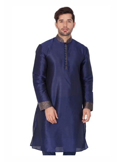 Men Navy Blue Cotton Silk Only Kurta