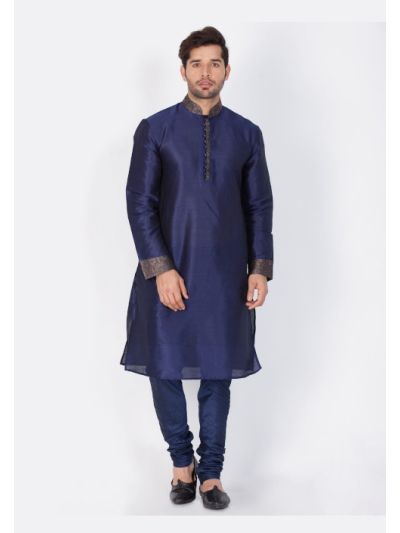 Men Blue Cotton Silk Kurta and Pyjama Set