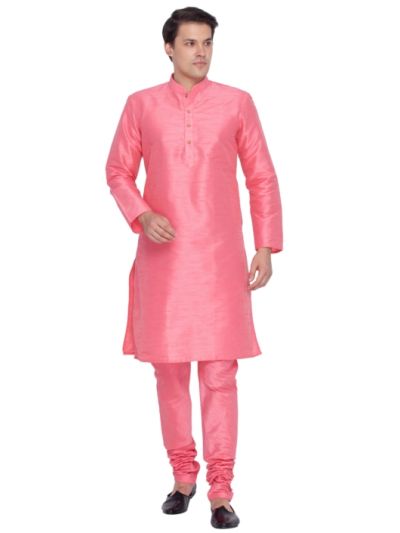 Men Pink Cotton Silk Kurta and Pyjama Set