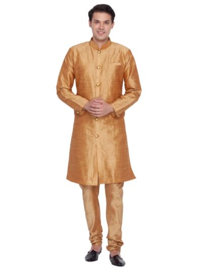 Men Rose Gold Blend Sherwani Style Kurta Set