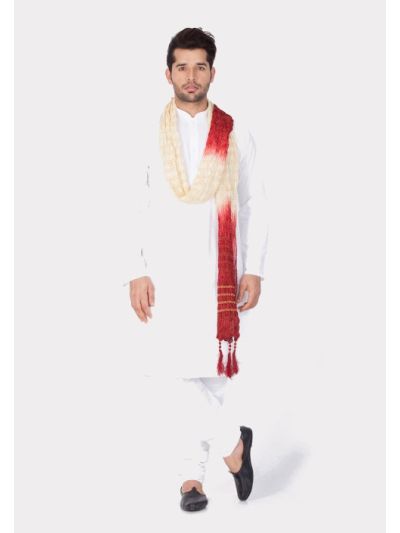 Men White Cotton Kurta Pyjama and Dupatta Set