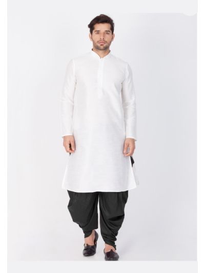 Men White Cotton Silk Kurta and Cowl Dhoti Pant Set