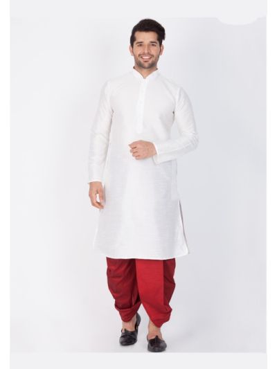 Men White Cotton Silk Kurta and Dhoti Pant Set