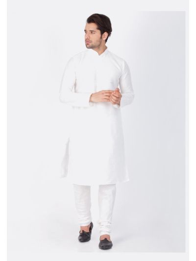 Men White Cotton Silk Kurta and Pyjama Set