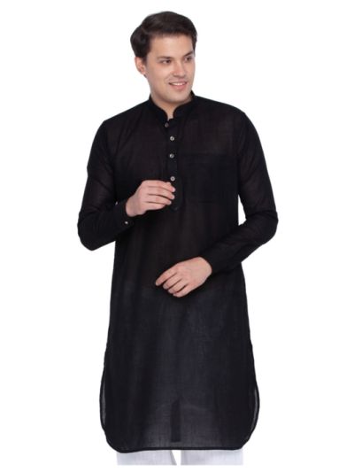 Men Black Linen Pathani Style Kurta
